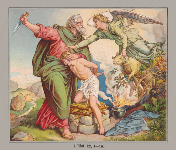 Abraham sacrifices Isaac, chromolithograph, published ca. 1880 Abraham sacrifices Isaac (Genesis 22, 1 - 15). Chromolithograph based on a drawing (1860) by Julius Schnorr von Carolsfeld (German painter, 1794 - 1872), published ca. 1880 father abraham stock illustrations