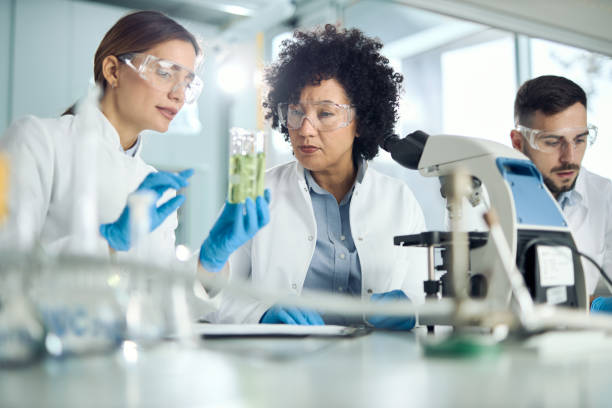 istock Scientists analyzing substances in a glass beakers in a laboratory, 2196248742