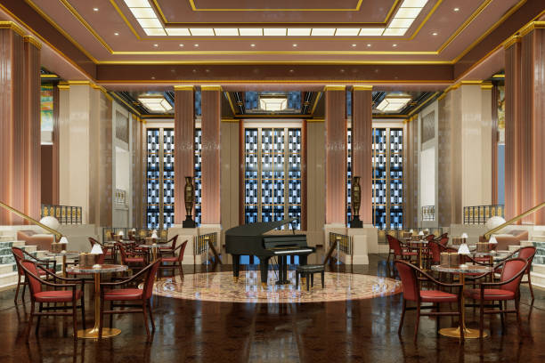 Luxury Restaurant Interior With Grand Piano, Empty Tables And Chairs