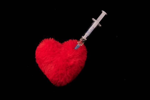 Close-up of a syringe injecting into a fluffy red heart against a black background. Symbolizing heart health, medical care, and cardiovascular treatment concepts.