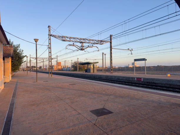Villarrobledo, Spain; November 7, 2024: Exploring the train tracks of Villarrobledo, a Renfe station in Spain. These train tracks are a key part of the Renfe network at Villarrobledo station.