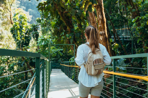 istock Woman Hiking on Jungle Bridge with Backpack 2196264248