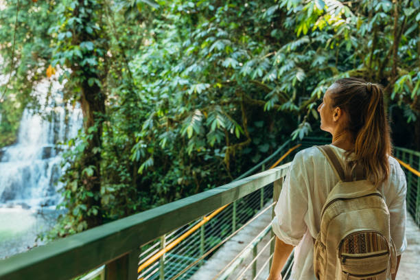 istock Woman Admiring Waterfall from Jungle Bridge 2196264253