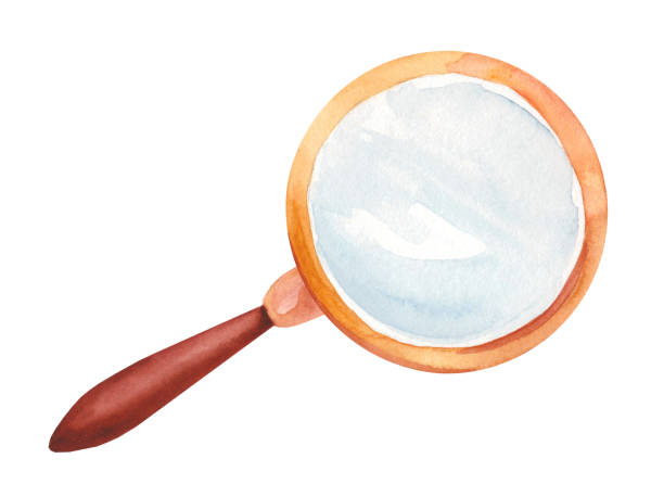 Watercolor illustration of  vintage magnifying glass for reading and studying nature. Hand drawn drawing isolated on white background