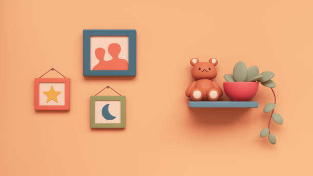 Red green blue color frames hang on the wall, brown bear toy sits on a shelf next to a potted plant. Cute modern home decor for baby boy's room. 3d render in minimal pastel style on yellow backdrop.