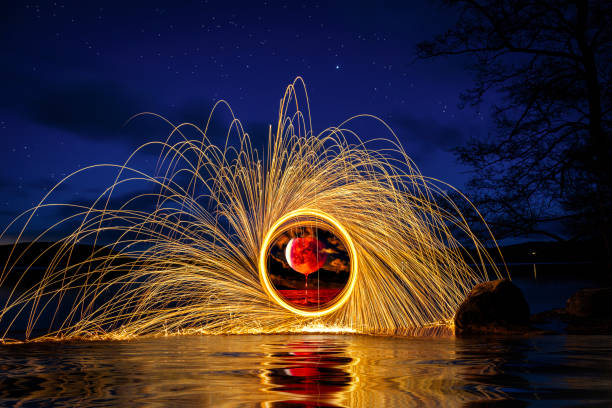 Burning steel wool being used to create beautiful imagery, reflecting in water and a portal to extraterrestial world