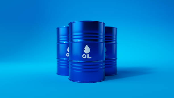 istock Three blue metal oil barrels on blue background. Front view. Oil industry concept. 3d render illustration 2196277963