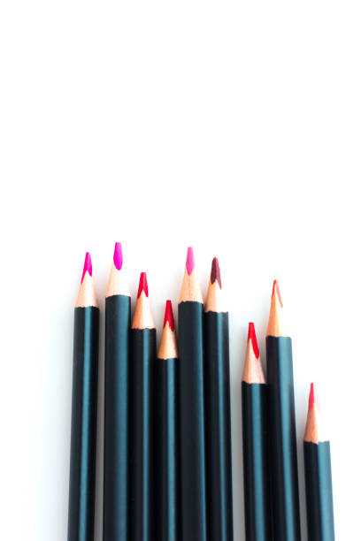 Group of Sharp Red and Pink Colored Pencils, white background, copy space.