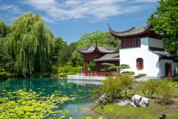 Montreal, Canada - July 5, 2024. Tourists at Chinese Garden in Montreal Botanic Garden, Montreal, Quebec, Canada