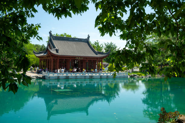 Montreal, Canada - July 5, 2024. Tourists at Chinese Garden in Montreal Botanic Garden, Montreal, Quebec, Canada
