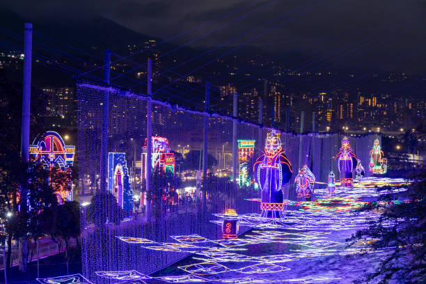 Medellin, Antioquia. Colombia - January 2, 2024. Parks in the city's neighborhoods with Christmas lights with beautiful designs.