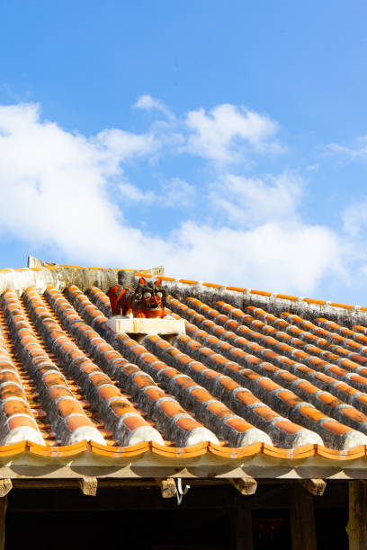 Shisa symbol of Okinawa Lion on original Ryukyu architecture roof art Okinawa island Japan