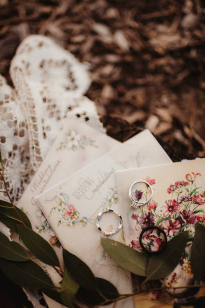 istock Wedding rings on vintage wedding cards with lace and greenery 2196285191