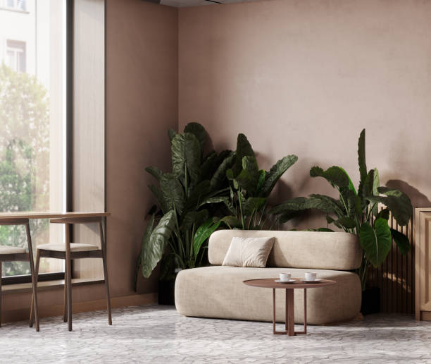 Cozy modern Natural color morning cafe, Mocha mousse, 3d rendering