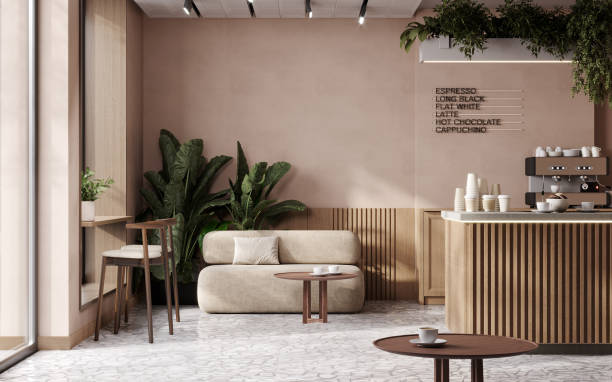 istock Cozy Modern Cafe Interior with Natural Wooden Elements, Mocha mousse, 3d rendering 2196294452