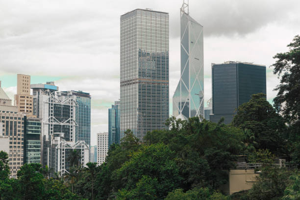 People walking in Chater garden with the Henderson skyscraper in Hong Kong Central district, an under construction 190 mt tall skyscraper designed by Zaha Hadid Architects. The tower's exterior is inspired by a blossoming bauhinia, the flower that has appeared on Hong Kong's flag since Britain handed control of the territory back to China in 1997.