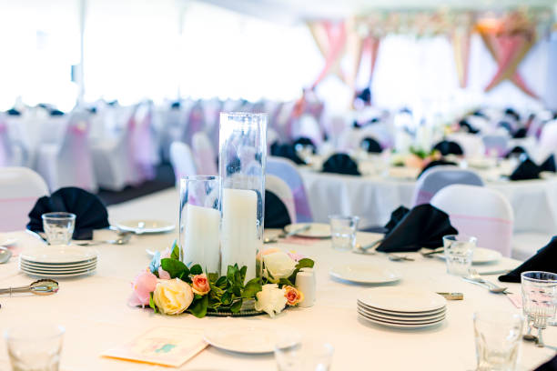 istock Wedding reception restaurant interiors, tables, glasses, plates and cutlery 2196306708