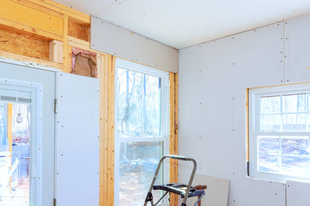 drywall installation process in a bright, unfinished room with large windows during daytime - insonorizado imagens e fotografias de stock