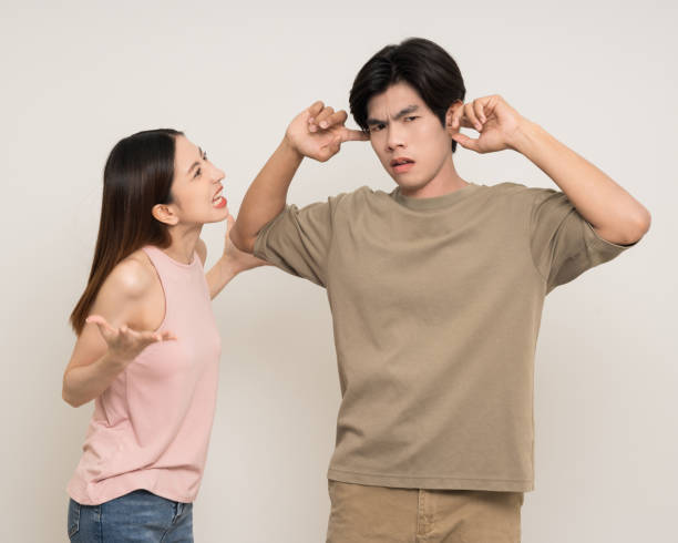 istock Bad relationship unhappy asian couple quarreling in various action gesture standing on isolated white background. Shouting angry man and woman stressed has problem in Married life 2196307953