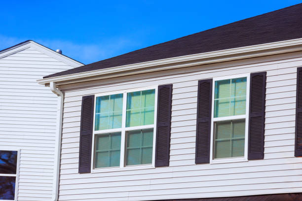 istock Stylish residential architecture with white siding, black shutters under at American town 2196308519