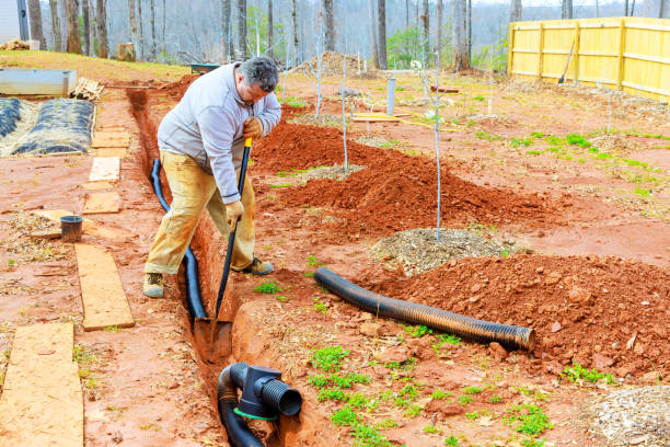 istock Man digging a trench for drainage installation in a backyard with young trees during early spring 2196308582