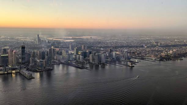 istock Twilight Majesty: city Skyline with Hudson River at Dusk , top view 2196310247