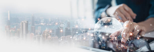 istock Digital marketing, data exchange, global business. Businessman using digital tablet computer double exposure with smart city, online marketing, data transfer, global internet network technology 2196321453