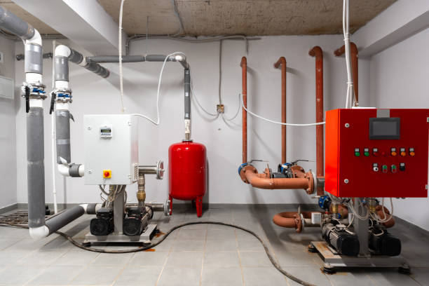 istock Water pump system installation in a basement utility room with various plumbing components and control panel 2196324465