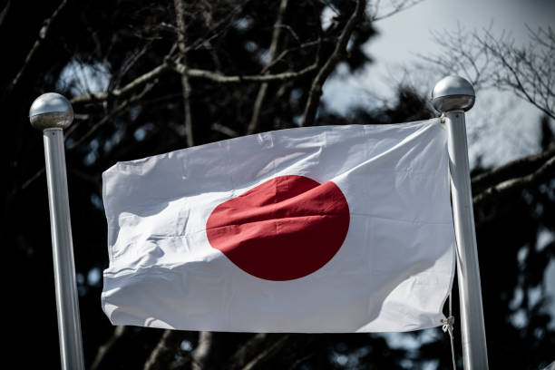 istock Japanese flag fluttering in the wind 2196327689