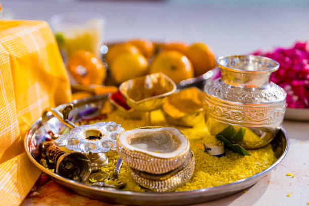 istock Indian Hindu wedding ceremony ritual items close up 2196328106