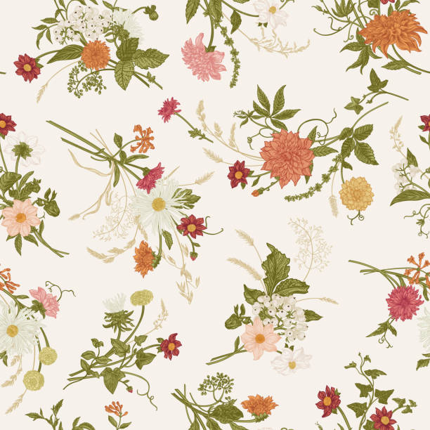 Seamless pattern with flower bouquets. Dahlias, asters, zinnias, chrysanthemums, ivy, berries and spikelets. Multidirectional surface design. Detailed botany. Colorful