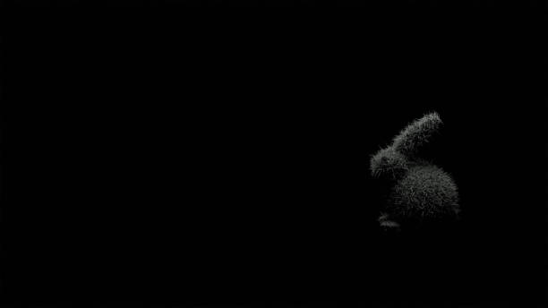 3D model of gray Easter bunny on black background, scary bunny and gloomy
