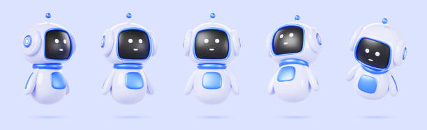 3d cute ai robot character in different angles. Chat bot mascot isolated render icon set. Digital artificial intelligence chatbot, friendly support assistant. Electric cyborg agent