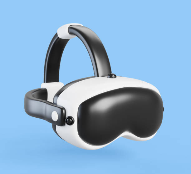 VR glasses for play video game cartoon 3d render icon. Virtual reality helmet headset, head mounted display isolated on blue background. AR goggles or augmented, digital technology. 3D illustration