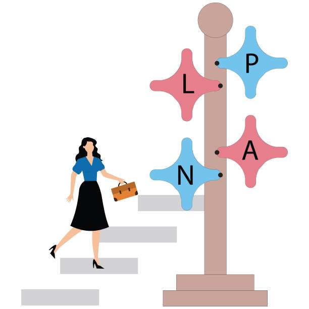 istock Starting to implement a plan, starting a new career or business, accomplishing plans and goals, businesswoman ready to start climbing the ladder to the top of the stacked cube 2196342372