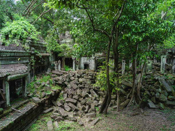 Cambodia Beng Mealea Temple inside tropical rainforest. Beng Mealea Temple, a temple from the Angkor Wat Time Period in Northern Cambodia. Beng Mealea was originally built as a Hindu temple. The history of the temple can be dated to the 12th century. 102 MegaPixel Hasselblad X2D Photo. Beng Mealea, Northern Cambodia, Siem Reap, Cambodia, South East Asia.