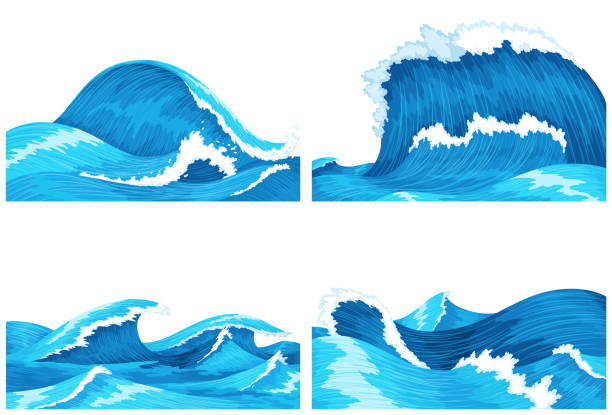 istock Ocean waves. Four scenes of blue sea or ocean waves with spray, foam on crest. Splash water, marine sea storm element, vector illustration 2196348140