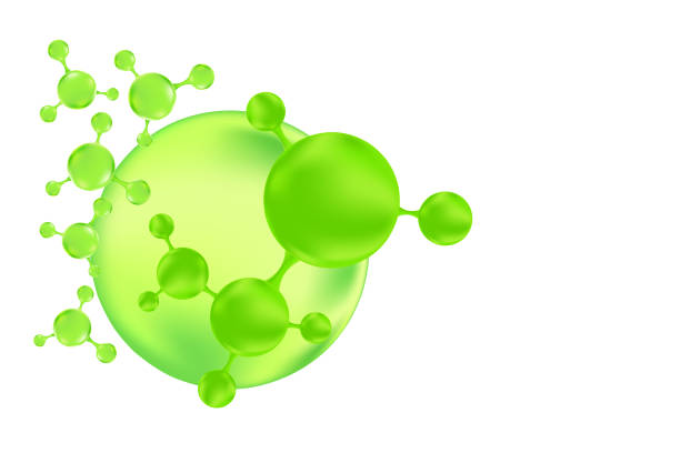 istock Green organic oil or collagen 3D molecule icon, with liquid glowing particles, fluid bubbles, isolated PNG, transparent background. Bio serum formula. Beauty biotechnology treatment nutrition. 2196349076