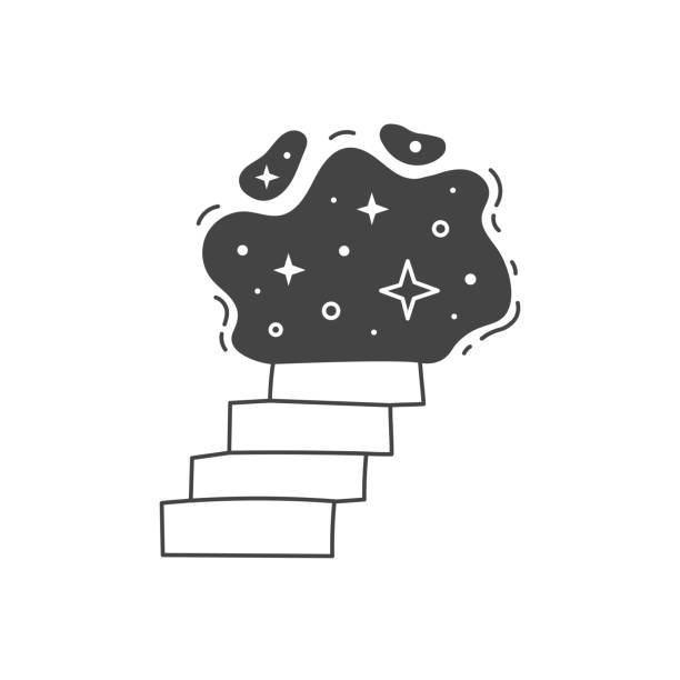 Stairs to the Night Sky illustration Vector cosmic stairway. Universe portal. Staircase in doodle style with stars and dots. Celestial surreal magic symbol gates of heaven drawing stock illustrations