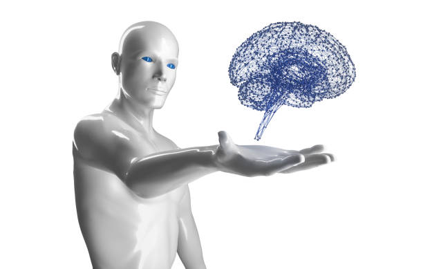 istock White glossy 3d model of a cyborg holding up a brain model 2196353044