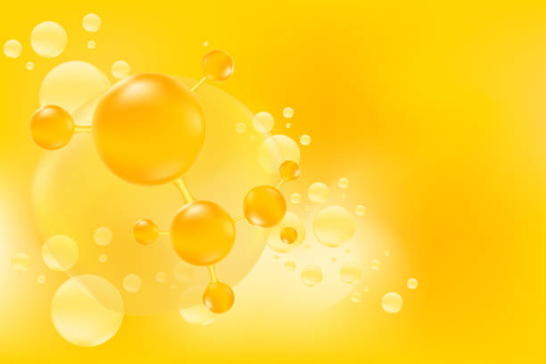istock Gold oil or collagen molecule formula, with gold liquid particles, bubbles pattern. Hyaluronic acid serum chemical formula background with copy space. Beauty treatment nutrition. 2196354001