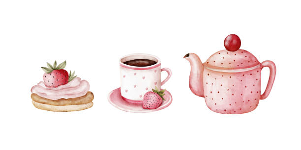 istock tea set with pink teapot, cup of coffee and strawberry dessert, watercolor illustrations 2196359202