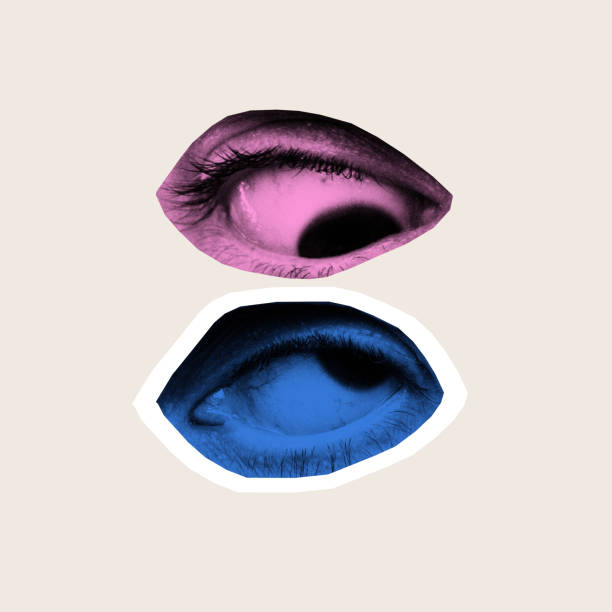 Conceptual collage. Two eyes in pink and blue, stacked vertically, staring intensely, highlighting surreal and disjointed perception of communication. Concept of absurd and expression.