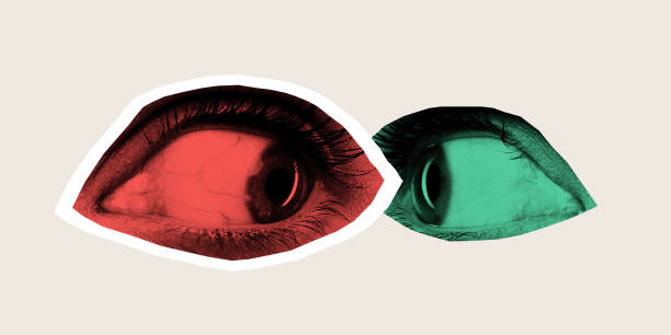 Modern artwork. Two eyes in red and green staring intensely at each other, suggesting a silent yet absurd confrontation in communication.