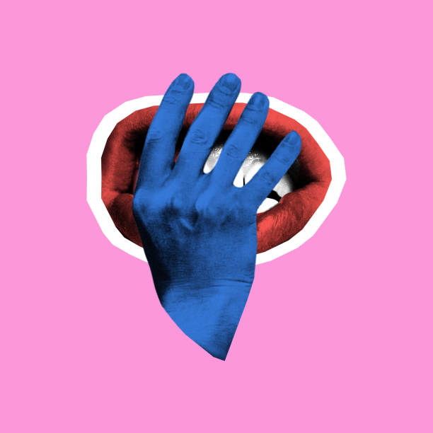 istock Surreal art collage. Blue hand covering red lips against pink background, symbolizing suppression of speech or forced silence. 2196361964