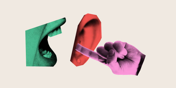 istock Surreal art collage. Green mouth shouting at red ear while pink finger points, emphasizing chaotic dynamic of communication and misunderstanding. 2196361967