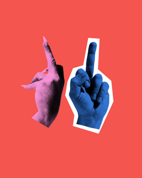 istock Conceptual artwork. Pink and blue hands gestures, suggesting disagreement or directions in playful yet absurd depiction of human interaction. 2196361970