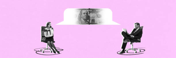 istock Contemporary art collage. Two people sit, facing each other, speech bubble containing dollar bill between them, suggesting financial discussion, 2196364680