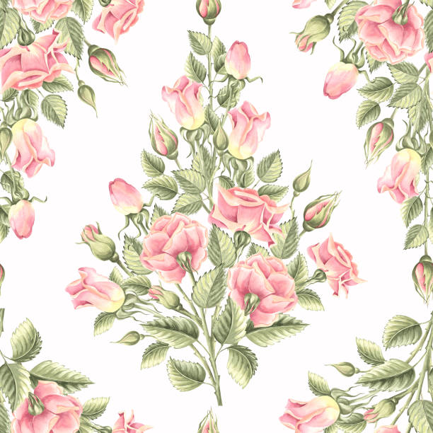istock Flowers of roses with buds and leaves. Seamless pattern. Hand drawn watercolor illustration. Spring pink bloosom. Floral ornament from garden plants. Template for wallpaper, textile, packaging, cover. 2196364707