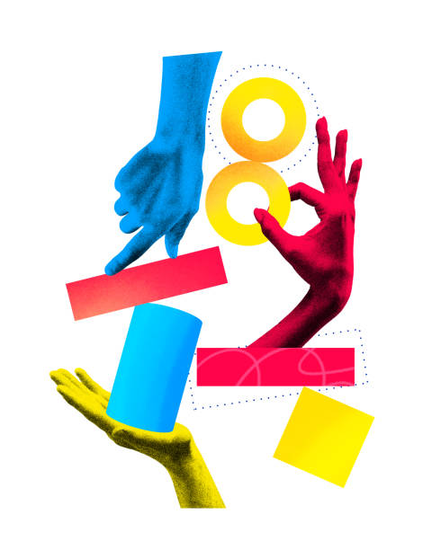 istock Conceptual art design. Vibrant hands manipulate abstract shapes, suggesting dynamic interaction and design. 2196365069